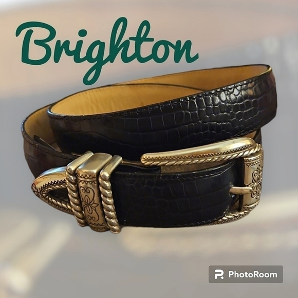 VTG BRIGHTON Black Alligator Scroll Buckle Belt Size 30 main image 7